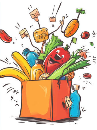 Colorful anthropomorphic groceries are happily leaping into a shopping bag, creating a fun and upbeat atmosphere perfect for a lively market or grocery store.の素材