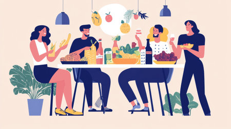 A cheerful group of friends shares laughter and joy while enjoying fresh groceries during a lively indoor gathering in a modern setting.の素材