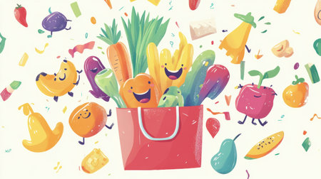 Cheerful anthropomorphic groceries jump excitedly into a bright shopping bag, showcasing a lively atmosphere filled with bright colors and happy expressions.の素材
