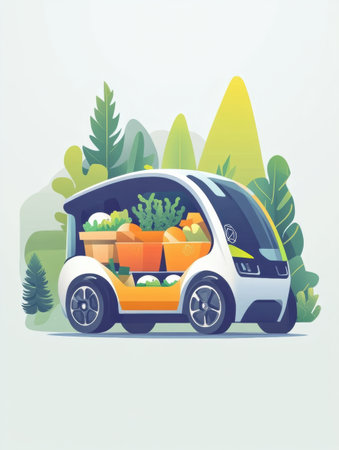 A sleek and modern delivery car designed for eco-friendly grocery transport showcases fresh produce and orders while parked in a lush outdoor environmentの素材