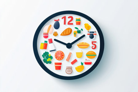 Unique clock features various food icons as numbers, representing fast grocery delivery in a modern illustration, blending function and creativity.の素材
