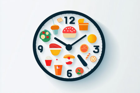 A modern clock displays food icons in place of numbers, symbolizing quick grocery delivery. Its design is sleek and colorful, ideal for food enthusiasts.の素材