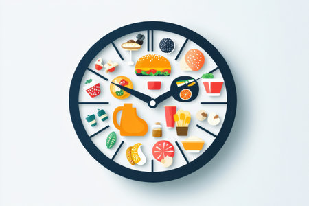 Clock face features various food icons as numbers, representing quick grocery delivery service in a sleek and modern design. Stylish and colorful.の素材