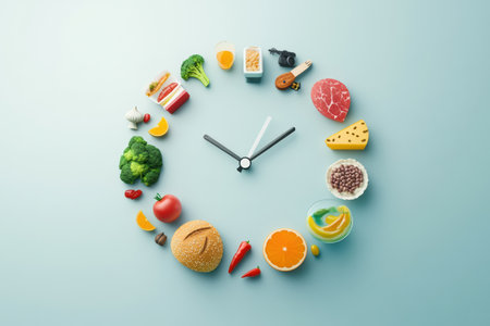 Bright and colorful clock artwork uses food icons as numbers showing the theme of fast grocery delivery in a modern and appealing wayの素材