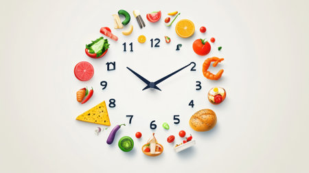 Clock design showcases various food icons replacing traditional numbers, reflecting the concept of fast grocery delivery in a contemporary and unique style.の素材