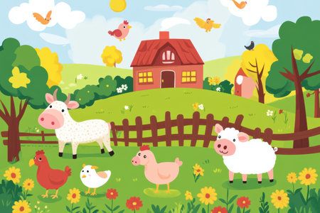 Cows, pigs, chickens, and sheep play on a colorful farm, thriving under the sun near a cheerful red barn and vibrant flowers in a picturesque setting.の素材