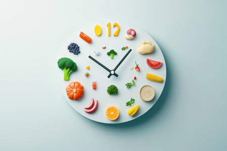 Sleek clock features colorful food icons instead of numbers, showcasing a modern grocery delivery service thats perfect for any kitchen.の素材