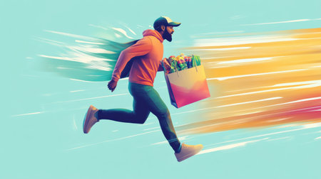 A courier dashes energetically with a grocery bag in hand, showing vibrant brush strokes and a sense of motion, emphasizing speed and efficiency.の素材