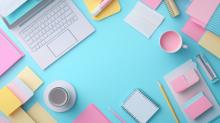 A tidy workspace features layered paper art alongside a laptop, coffee cups, documents, and stationery, ideal for creative projects.の素材