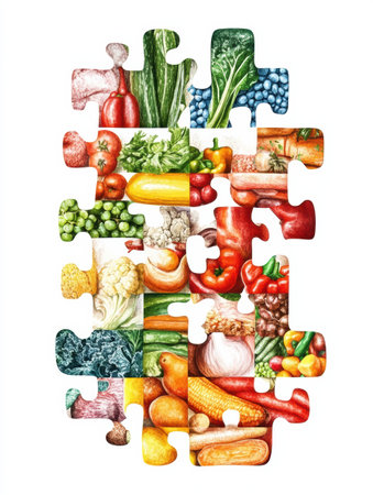 Groceries come together to form a vibrant puzzle, showing the diversity and excitement of healthy shopping experiences in a modern approach.の素材
