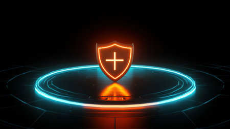 Glowing shield symbol illuminated by soft neon lights creates a futuristic and secure atmosphere, emphasizing digital safety in a dark setting.の素材