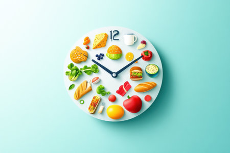 This clever clock creatively showcases food icons instead of traditional numbers, representing the concept of fast grocery delivery in a modern design.の素材