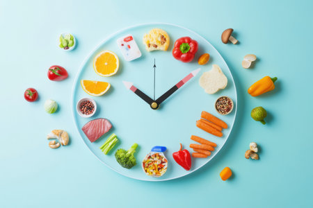 Clock design showcases various food items as hour markers, reflecting fast grocery delivery in a contemporary style, perfect for food enthusiasts.の素材