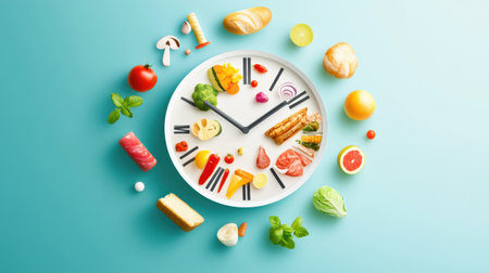 Unique clock features food icons as numbers, representing quick grocery delivery in a contemporary style. Perfect for food enthusiasts and busy individuals.の素材