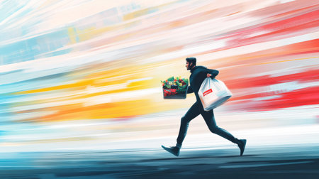 A courier dashes forward with grocery bags in hand, surrounded by energetic brush strokes and motion blur that depicts a lively city atmosphere.の素材