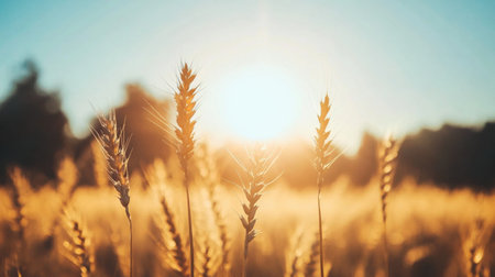 Wheat stands tall in a golden field, softly illuminated by the sun, creating a serene atmosphere that highlights the beauty of nature and simplicity.の素材