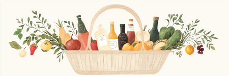 This illustration showcases a high-end grocery basket brimming with premium fresh fruits, vegetables, and artisanal products in serene earthy hues.の素材