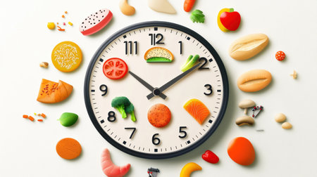 Unique clock displays food icons instead of traditional numbers emphasizing the theme of quick grocery delivery in a stylish, contemporary design.の素材