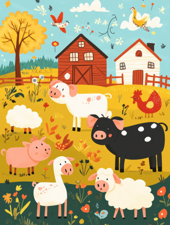 Vivid cartoon farm filled with friendly animals including cows, pigs, chickens, and sheep enjoying a sunny day in a lively countryside landscape.の素材