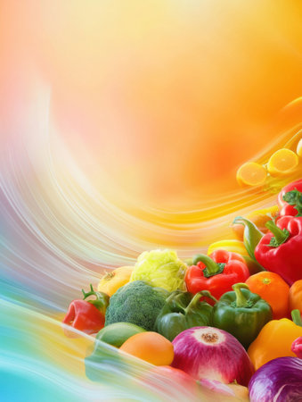 Vibrant colors merge in a fluid motion, presenting a lively array of fresh groceries, including vegetables and fruits, set against a gradient backdrop.の素材