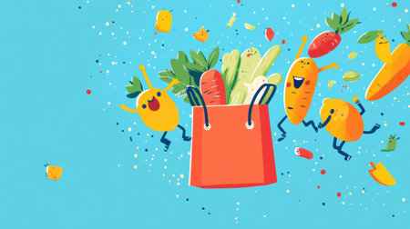 Cheerful groceries with faces are joyfully jumping into a bright shopping bag, surrounded by colorful splashes in a fun atmosphere.の素材