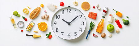 Modern clock incorporates food icons to replace traditional numbers, showing the concept of fast grocery delivery in a sleek and artistic way.の素材