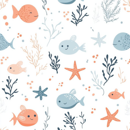 Charming pattern features tiny smiling fish, floating sea stars, and underwater plants in soft blue and coral tones, creating a serene ocean atmosphere.の素材