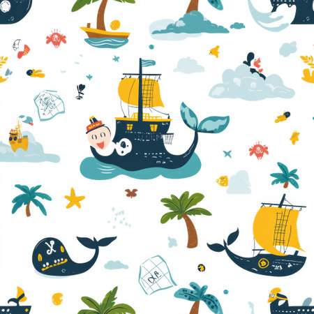 Delightful seamless pattern showcases tiny pirate ships, friendly whales, treasure maps, and tropical islands perfect for baby-themed projects or decor.の素材