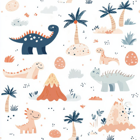 Delightful pattern showcases cute dinosaurs, tiny erupting volcanoes, and palm trees in warm pastel colors, perfect for playful baby spaces and textiles.の素材