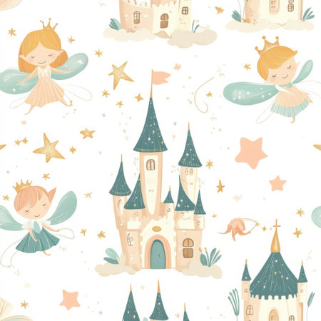 This delightful pattern features charming tiny fairies, enchanting castles, and twinkling stars against a soft pastel background, perfect for dreamy decor.の素材
