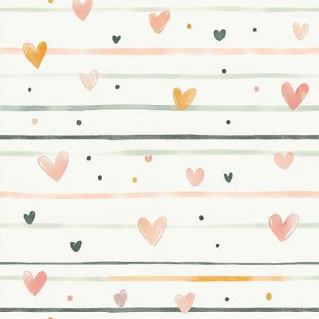 Charming baby pattern with hand-drawn stripes, polka dots, and tiny hearts in soft neutrals, ideal for nurses.の素材