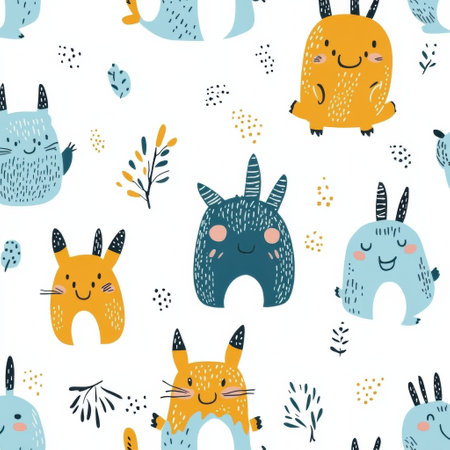 A fun and cheerful seamless pattern featuring adorable cartoon monsters in vibrant colors, perfect for baby clothes, nursery decor, or childrens crafts.の素材
