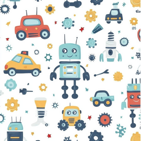 Delightful design showcases cartoon-style toy robots, tiny cars, and colorful gears, perfect for a babys room decor or playful clothing with a futuristic vibe.の素材