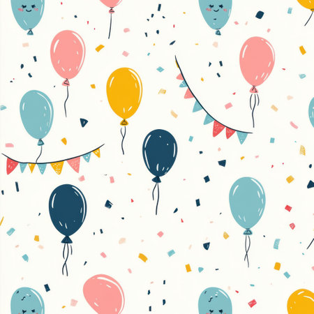 This delightful pattern features hand-drawn colorful balloons and tiny flags, surrounded by joyful confetti, perfect for a baby shower or party decor.の素材