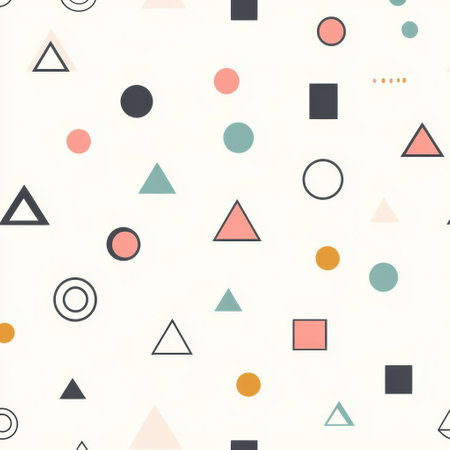 This design features a seamless pattern of simple geometric shapes in soft pastel colors, ideal for nurses or baby clothes.の素材