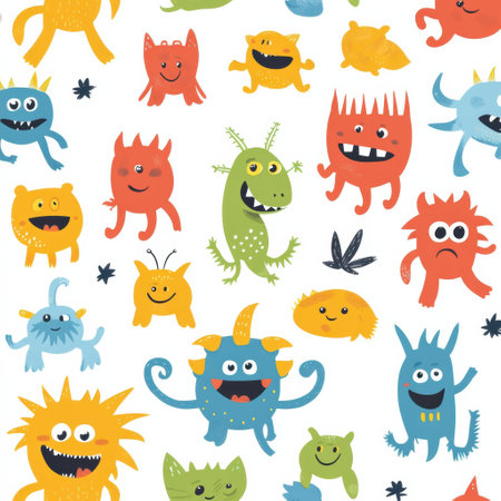 Vibrant pattern features cute cartoon monsters with soft rounded shapes, ideal for nurses and playful childrens spaces with a fun design.の素材