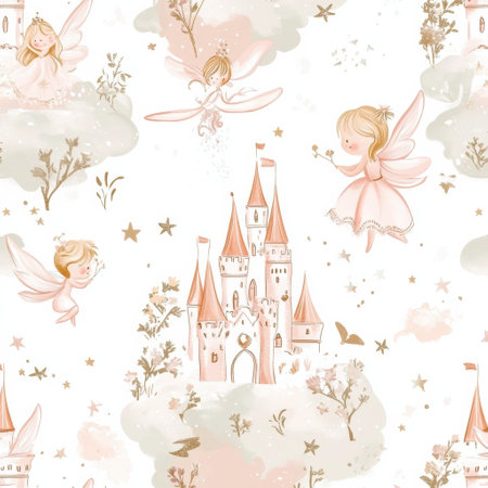 Delicate fairytale patterns display tiny fairies frolicking around enchanted castles and shimmering stars, all in gentle pastel colors that inspire wonder.の素材