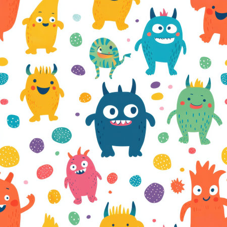 This charming pattern showcases friendly cartoon monsters in vibrant colors with soft shapes, perfect for a baby room or playful textile design.の素材