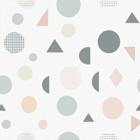 Soft geometric shapes in pastel colors create a seamless baby pattern, perfect for nursery decor or playful design projects with a modern touch.の素材