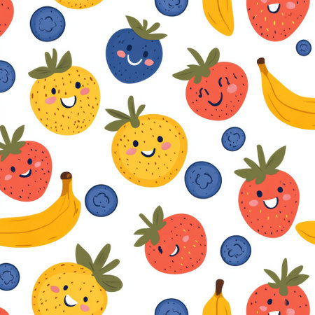 Cheerful cartoon fruits with smiling faces create a delightful baby pattern. The vibrant strawberries, blueberries, bananas, and oranges radiate fun and joy.の素材
