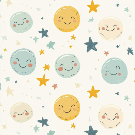 Delightful seamless pattern showcases charming cartoon smiley faces and glowing stars in soft pastel shades, perfect for baby items and nursery decor.の素材