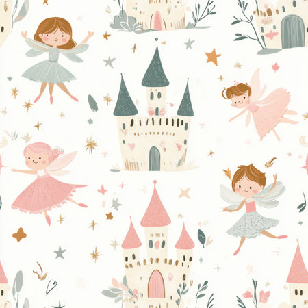 Charming fairytale baby pattern with tiny fairies, whimsical castles, and sparkling stars in soft pastels for a magical touch.の素材