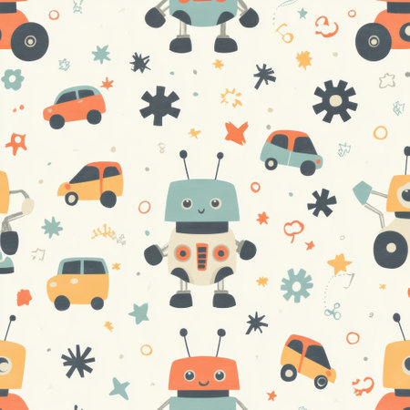 Delightful pattern showcases cartoon-style toy robots, small cars, and whimsical gears in soft bright colors, creating a fun and futuristic atmosphere for kids.の素材