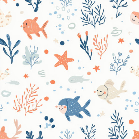Delightful design features tiny smiling fish and sea stars among underwater plants in soft blue and coral tones, creating a whimsical ocean atmosphere.の素材