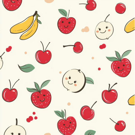 This charming design showcases smiling fruits like strawberries and bananas, perfect for baby products and nursery decor.の素材