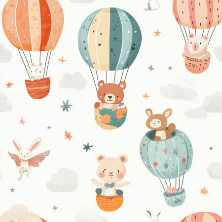 Charming illustration of cute bears, rabbits, and cats in colorful hot air balloons, adding a whimsical touch to baby spaces.の素材