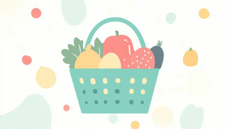 A green shopping basket brimming with fresh fruits and veggies on a soft pastel background, perfect for healthy living themes.の素材