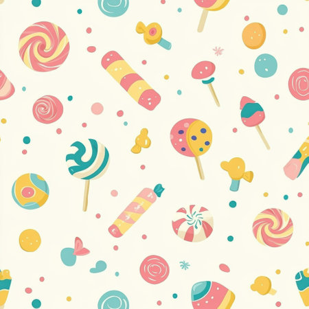 Colorful confetti pieces, wrapped candies, swirling lollipops, and gummy bears create a fun and engaging seamless baby pattern in soft pastel colors.の素材