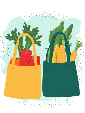Brightly colored reusable grocery bags are filled with fresh vegetables, supporting an eco-friendly lifestyle and promoting sustainable shopping habits.の素材