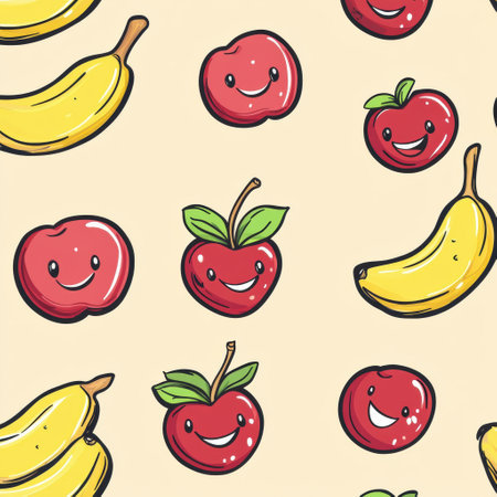 A delightful pattern showcases hand-drawn smiling fruits including bananas, apples, strawberries, and cherries, ideal for baby clothing or nursery decor.の素材